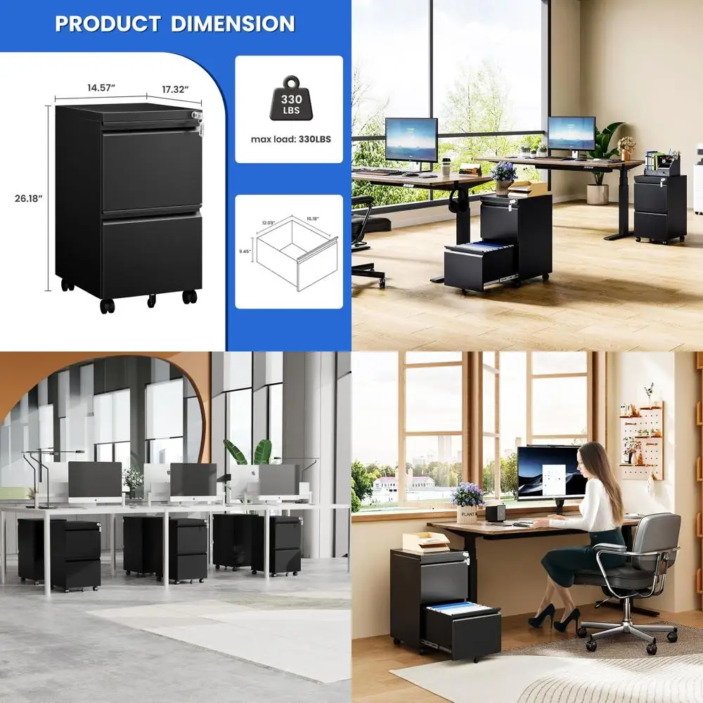 

Mobile 2-Drawer File Cabinet with Wheels, Home Office Desk Storage, Legal/Letter/A4 File Organizer (Black), Unassembled
