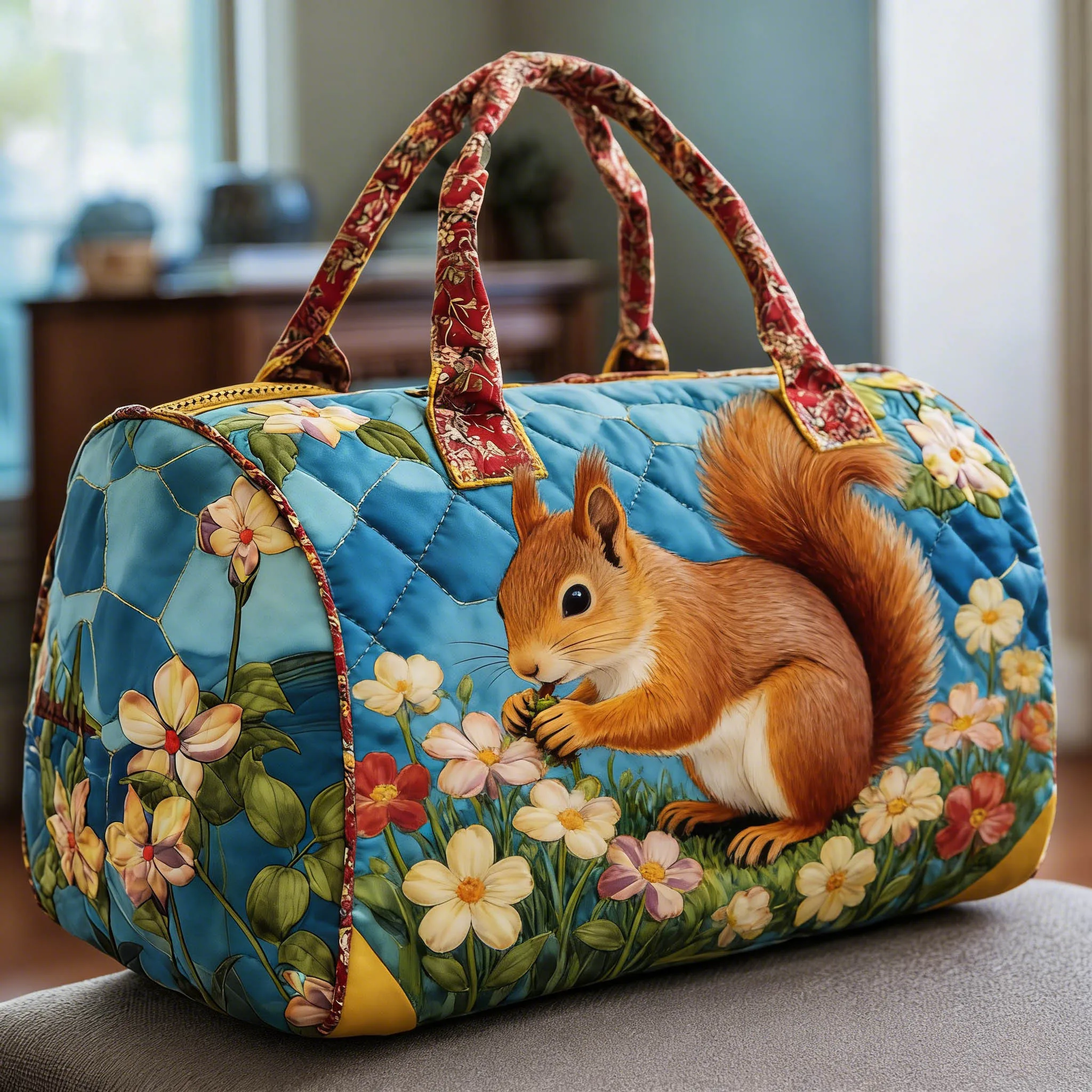 

Cute Squirrel Floral Print Quilted Duffle Bag Women Men Lovely Lightweight Travel Handbag Casual Daily Tote for Shopping Outdoor