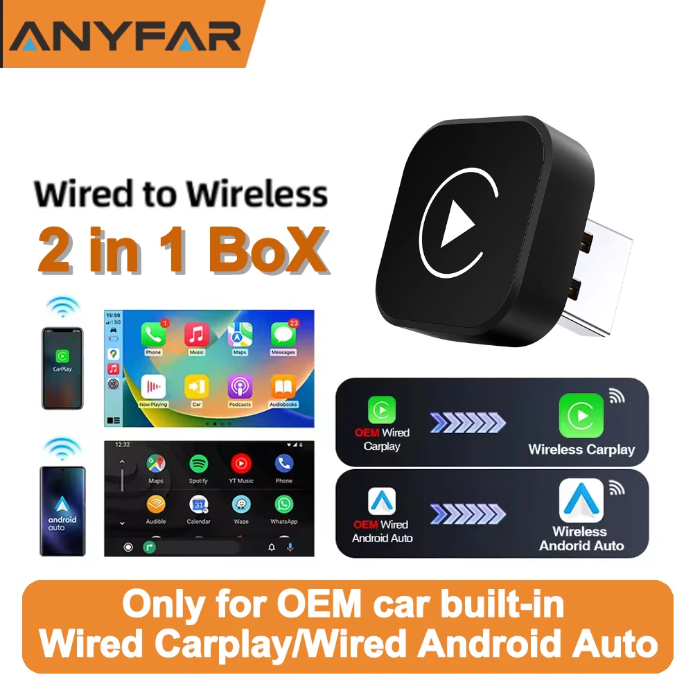 Wireless Carplay Adapter 2 in 1 Converts Wired to Wireless Carplay Adapter for iPhone and Android, Plug & Play Carplay