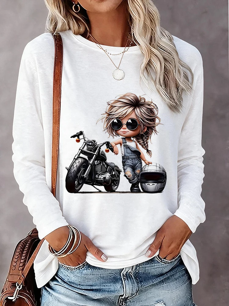 A with Braided Hair Wearing A Motorcycle Print Tops Women's Fashion Crew Long Sleeve T Shirt 90s Graphic Clothes Femme Outfit