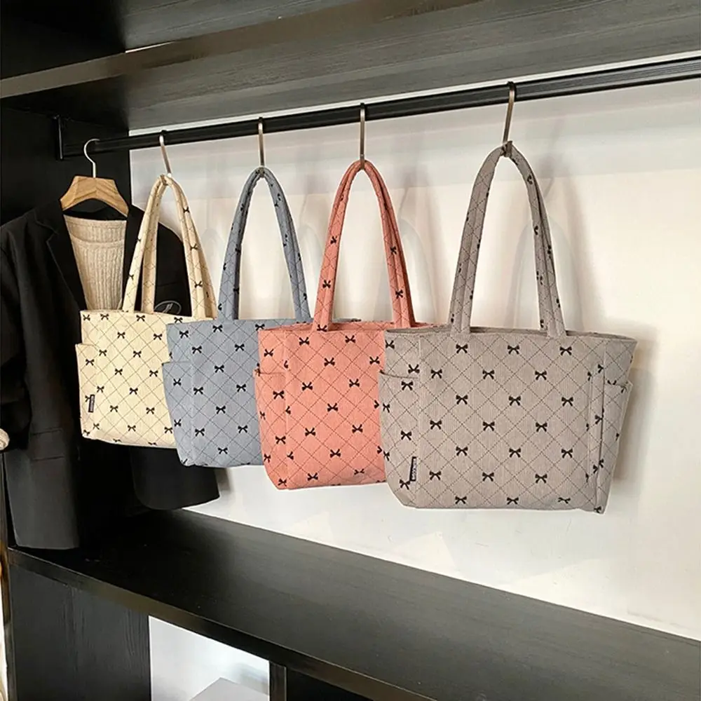 

INS Corduroy Tote Bag Korean Style Bow Pattern Travel Shoulder Bag Zipper closure Multi-Pockets Portable Handbag Shopping