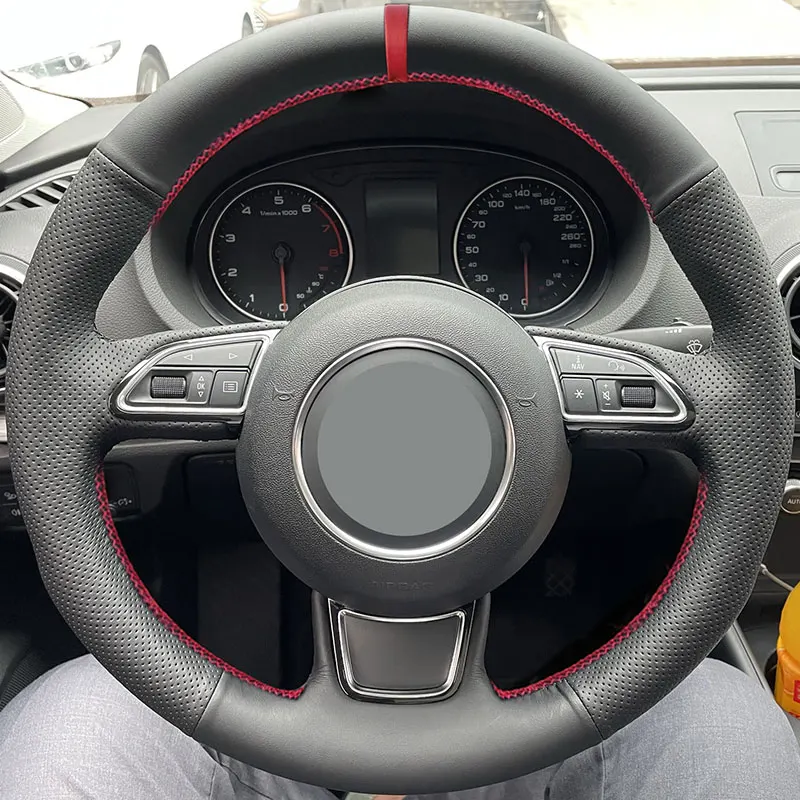 For Audi A1 8X A3 8V A4 B8 A5 8T A6 C7 A7 A8 D4 Q3 8U Q5 8R Hand Braid Car Steering Wheel Cover Black Leather red line red strip