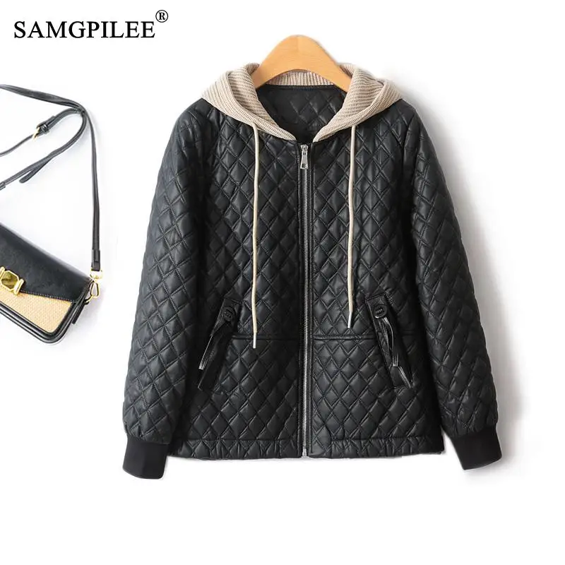 

Retro Women's Winter Jackets 2023 New Knitted Hood Pu Parkas Warm Drawstring Short Black Statue Outer Slim Cotton Coats Woman