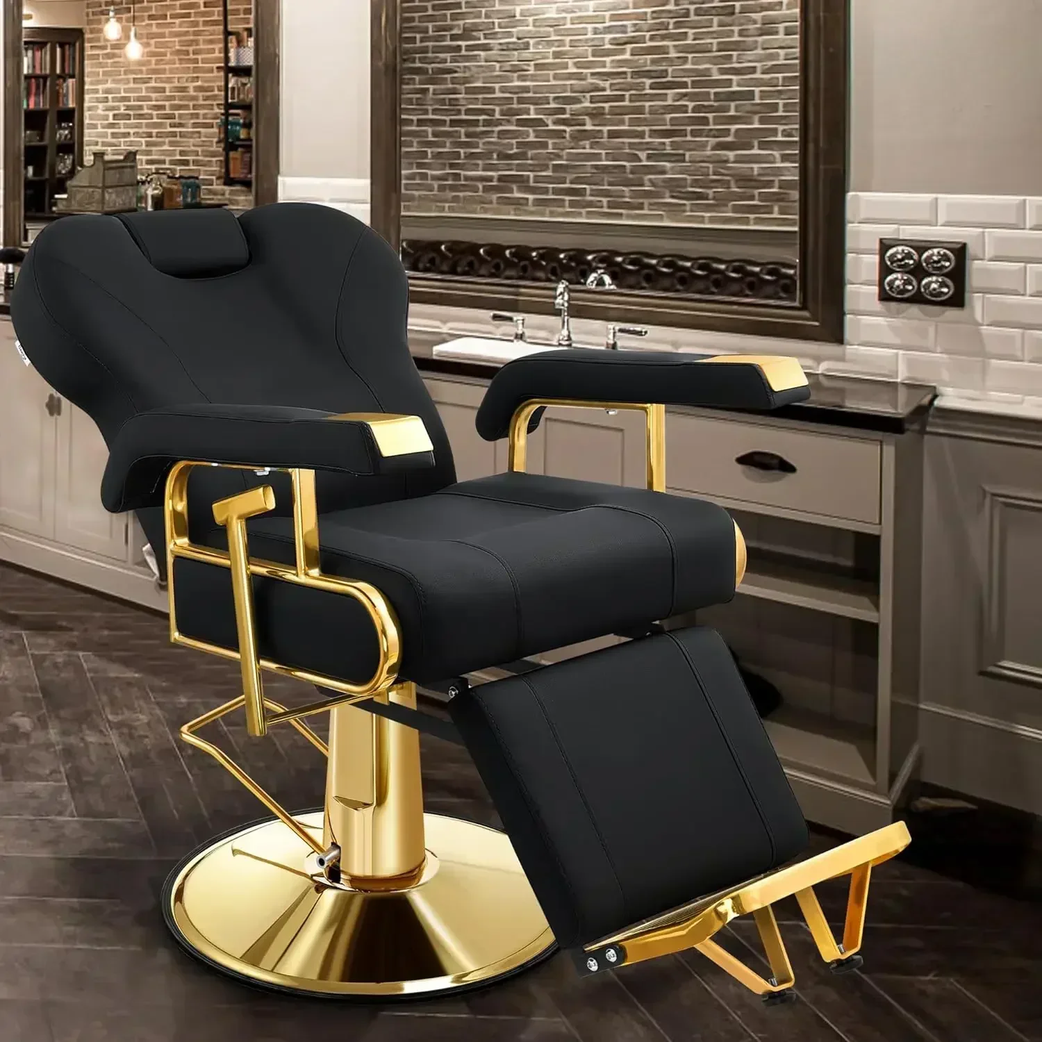 

A Professional Reclining Salon Chair with Adjustable Backrest, Elegant Black Gold Barber Chair with Heavy Duty Steel Frame