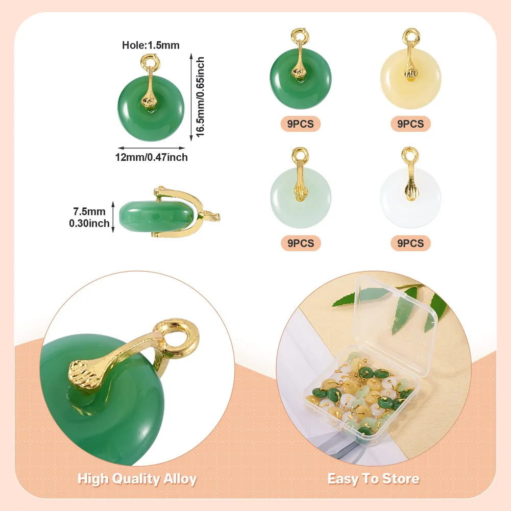 36Pcs Glass Pendants Earring Dangle Charms with Alloy Pinch Bail Donut/Pi Disc Charms for Jewelry Making DIY Bracelet Necklace