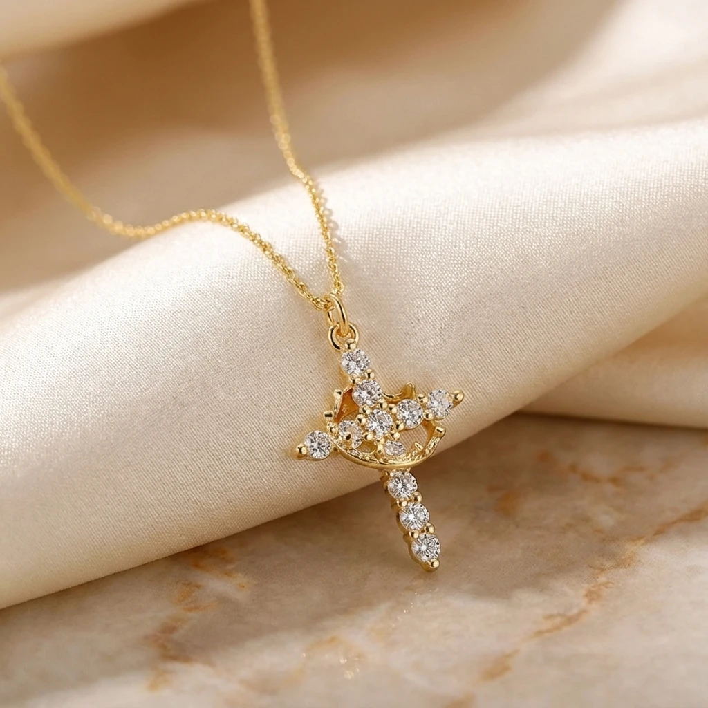 Luxus Zirkonia Kreuz Halskette für Frauen Gold Farbe Kristall Anhänger Halsband Versprechen Schmuck Bling Zubehör Party Geschenk – Detail 6