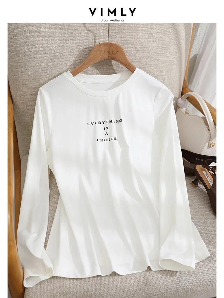 Vimly Basic Women\'s T-shirt 2023 Autumn Simple Letters Long Sleeve Tops Casual Loose Fit Round Neck Pullovers White Base Tees