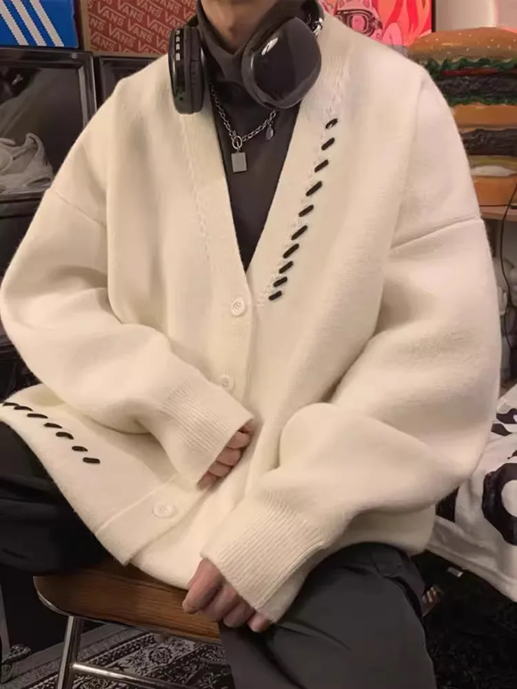 

White V-Ne Knitted Sweater Men's Autumn Winter American Retro Sle Casual Long Sve Open Cardigan Outerwear for Men