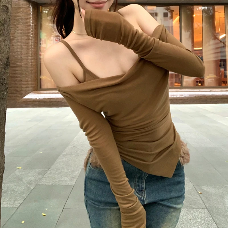 2024 Autumn New Korean Off-shoulder Pleated Solid Color Casual Long-sleeved T-shirt Women + Sexy Camisole Two-piece Suit