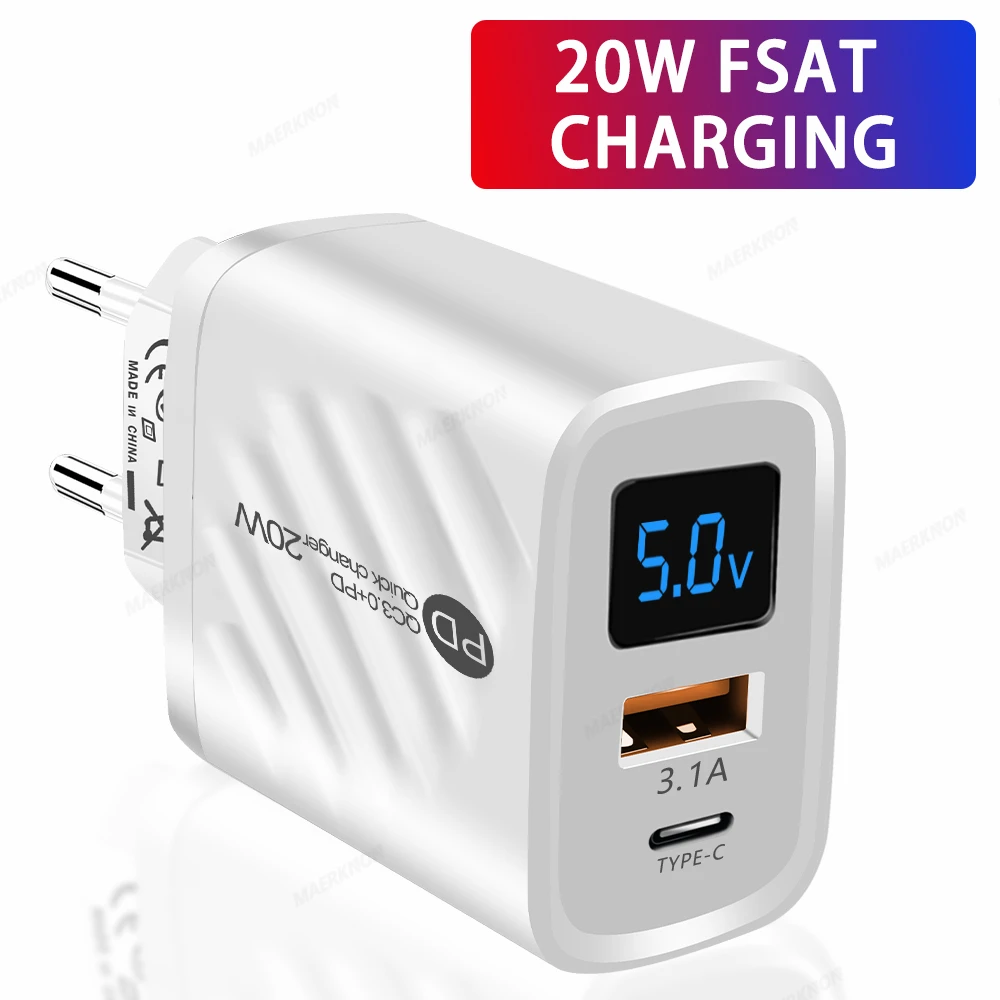 USB Type C Charger 20W Fast Charging Digital Display Phone Adapter For iPhone Samsung Xiaomi Huawei Quick Charge3.0 Wall Charger
