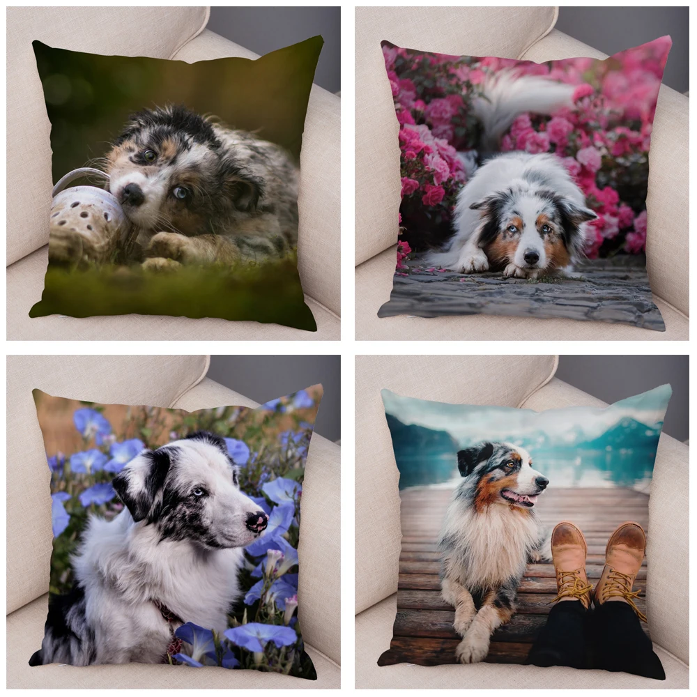 Australian Shepherd Pillowcase Cute Dog Animal  Cover Decorative Pet Sofa Cushion  Home