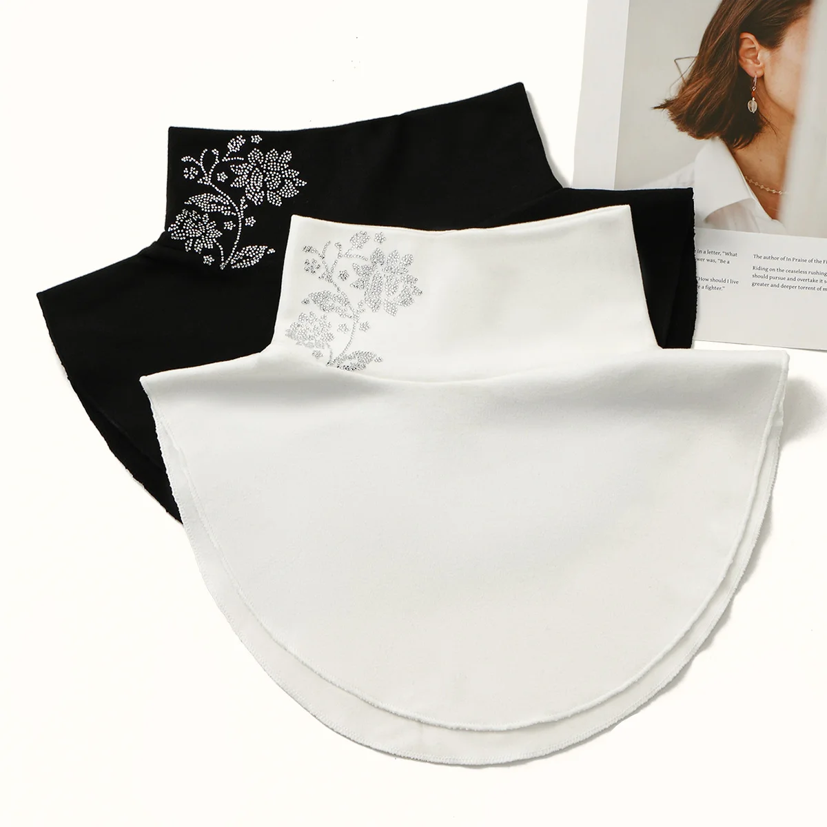 المرأة انفصال وهمية طوق الخريف الشتاء يندبروف الرقبة أدفأ الأزهار حجر الراين كاذبة طوق مثالية تحت الحجاب الياقة المدورة #4