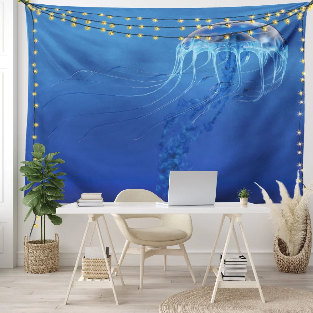 Jellyfish Tapestry Blue Marine Life Wall Hanging Ocean Animal Tapestries for Bedroom Living Room Dorm Party Wall Blanket Cloth