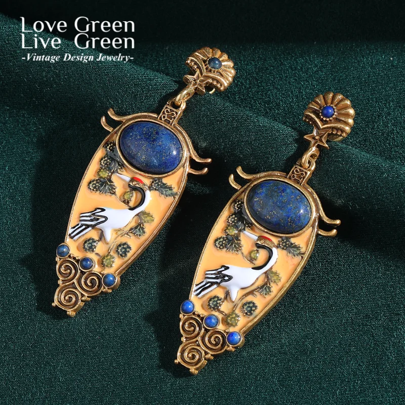 

Vintage Blue Big Lapis Lazuli Crane Drop Earring Gold Color Natural Stone Quality Luxury Designer Jewelry Gifts Wedding New 2025