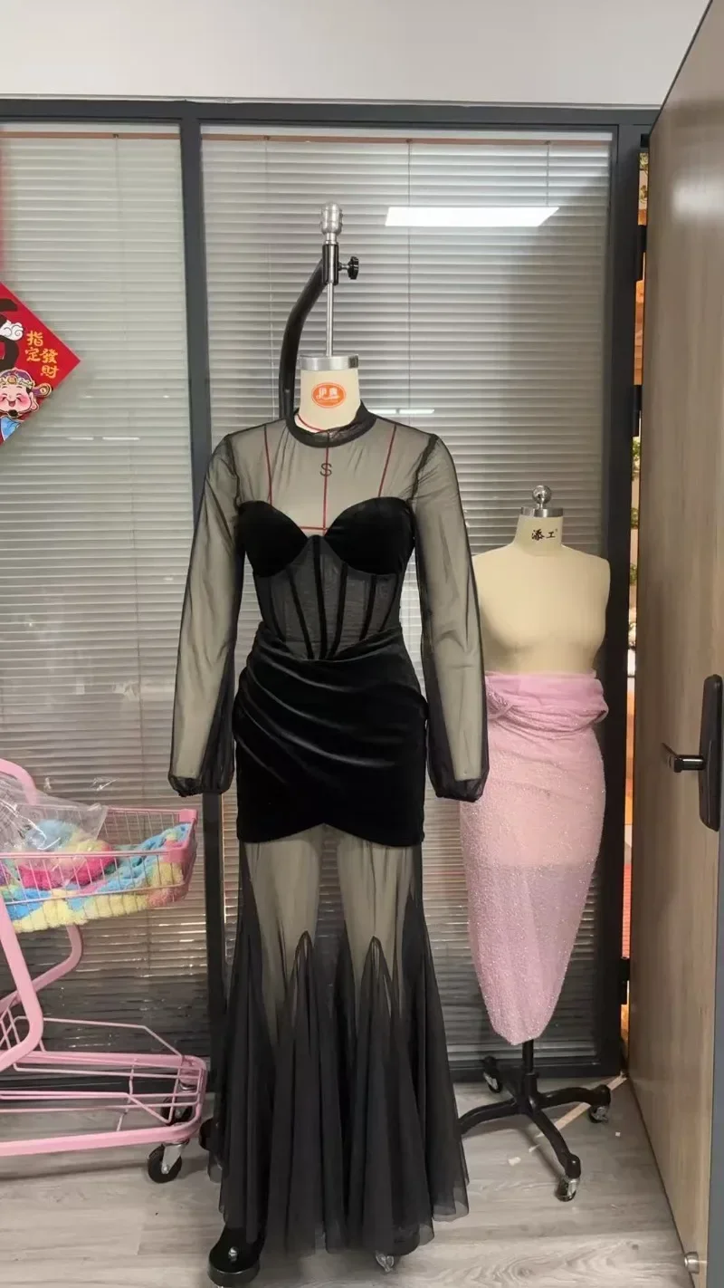 بقماش شفاف المرقعة المخملية حورية البحر فستان ماكسي للحفلات المرأة مثير ثوب مسائي س الرقبة كم كامل ملفوفة Ruched Bodycon رداء طويل #2