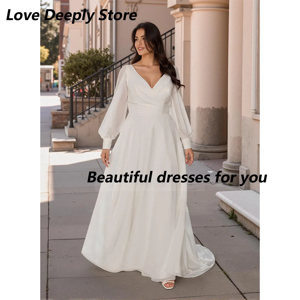

Customized Plus Size Wedding Dress V Neck Long Sleeves Chiffon Bridal Gown Robe De Mariee Sweep Train Bride Dresses