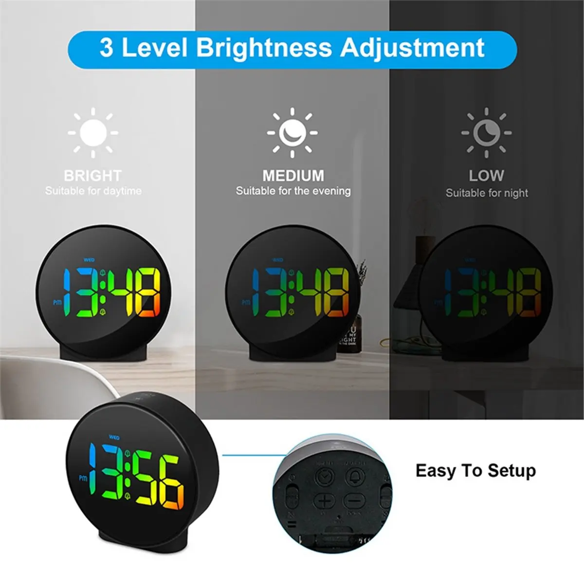2026 New Digital Alarm Clock LED Desk Electronic Clock Dual Alarm 12/24H Snooze Week Display Bedside Clock Table Clock Black