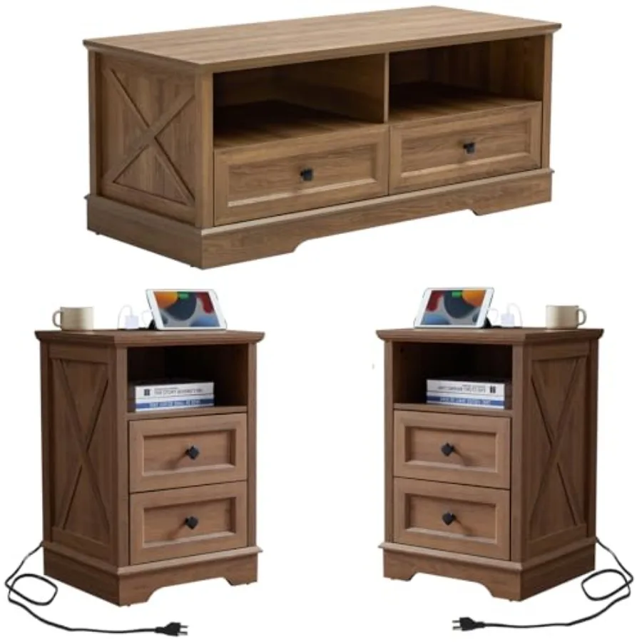 

Набор столов для гостиной в фермерском доме из 3 предметов включает журнальный столик в деревенском стиле с 2 ящиками и двумя торцевыми столами с 2 ящиками и зарядкой