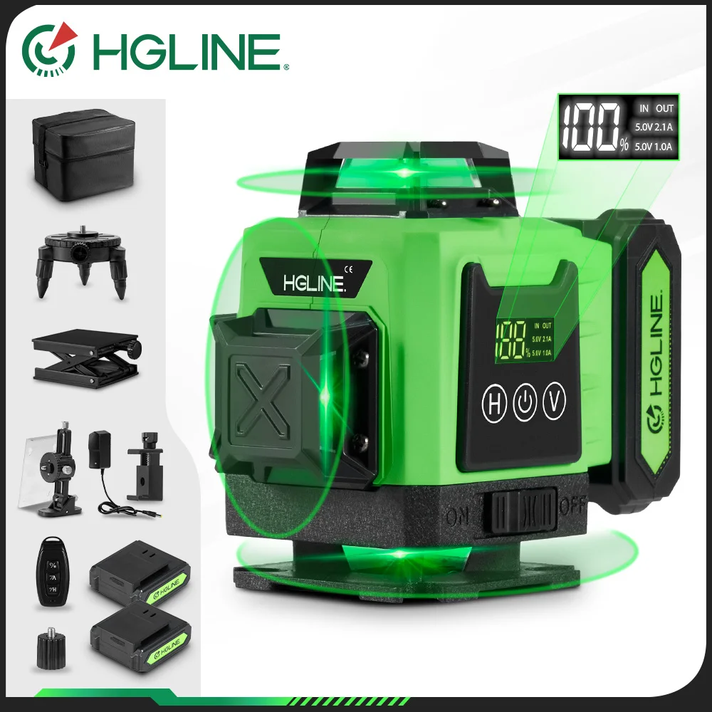 HGLINE 16 Lines Laser Level 4D 360° Horizontal Vertical Cross Laser Level 2pcs 6000mAh Li-ion Battery Automatic Leveling Tool