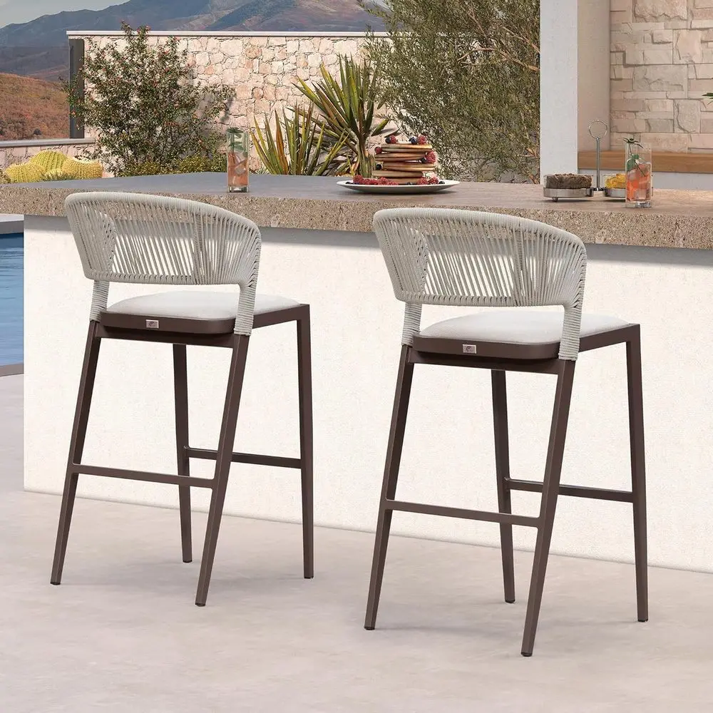 

Pair of Outdoor Wicker Bar Stools with Footrests for Patio or Indoor Use