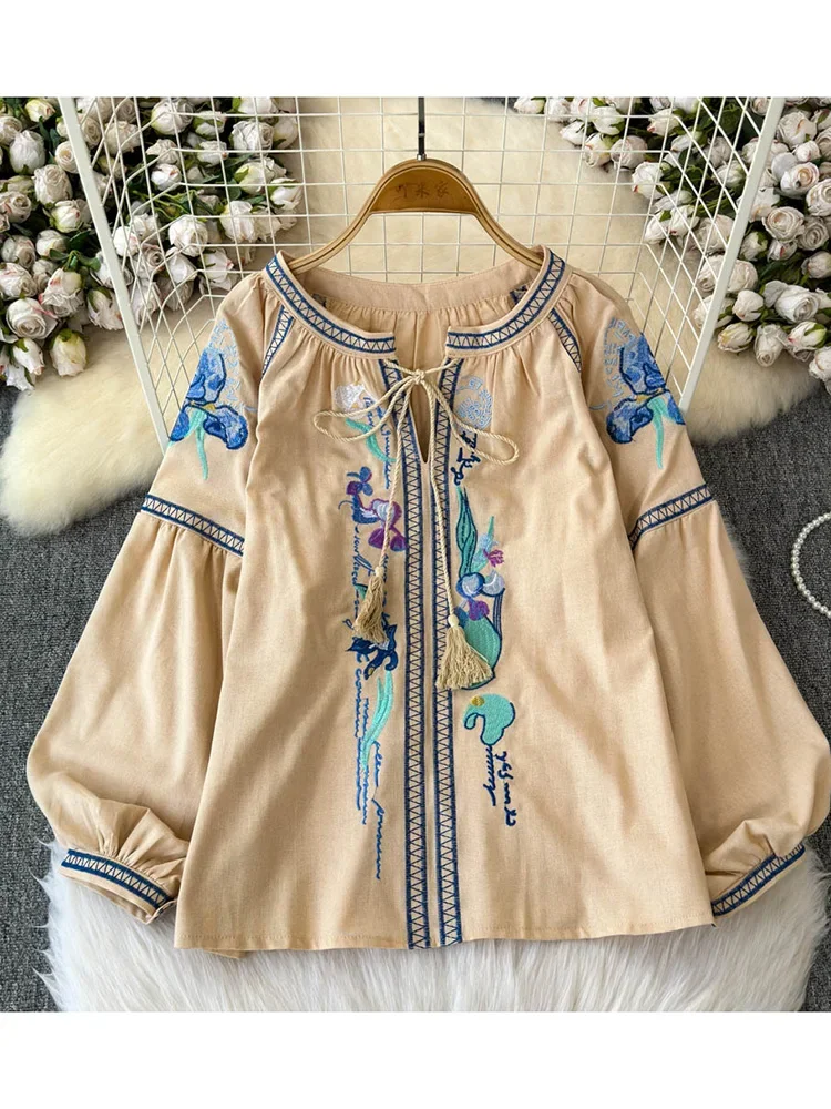 

Женская осенняя блузка, модный топ в этническом стиле в стиле ретро с вышивкой ирисом, дорожная рубашка с длинными рукавами, хлопковый льняной топ BL028
