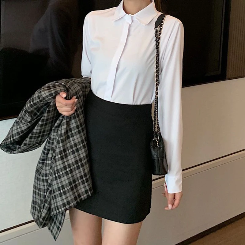 New Women's Shirts 2024 Summer Korean Style Black White Office Ladies Shirt Casual Long Sleeve Turndown Collar Career OL Blouses