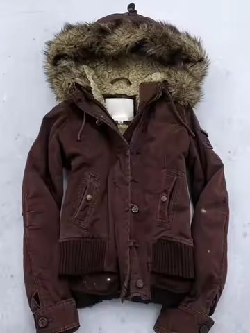 Women's Brown Hooded Jackets Fleece Lined Tops Faux Fur Hood Coats Casual Warm Outwear Winter Vintage Coat Woman Fashion Clothes