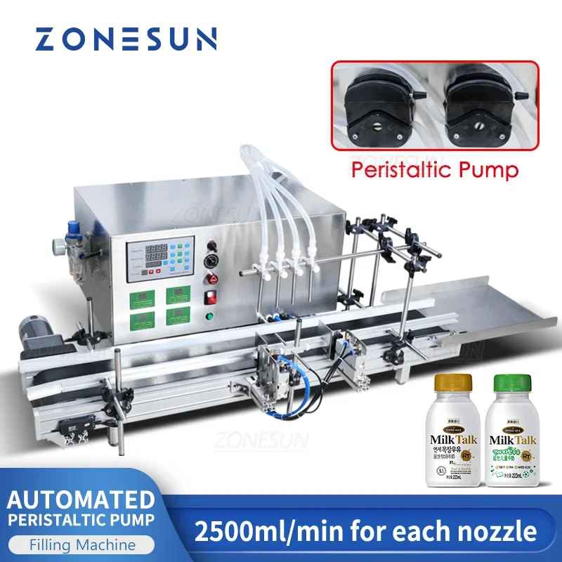 ZONESUN Automatic Desktop CNC Peristaltic Pump Liquid Filling Machine With Conveyor For  Alcohol Hydrogen Peroxide  Water Filler