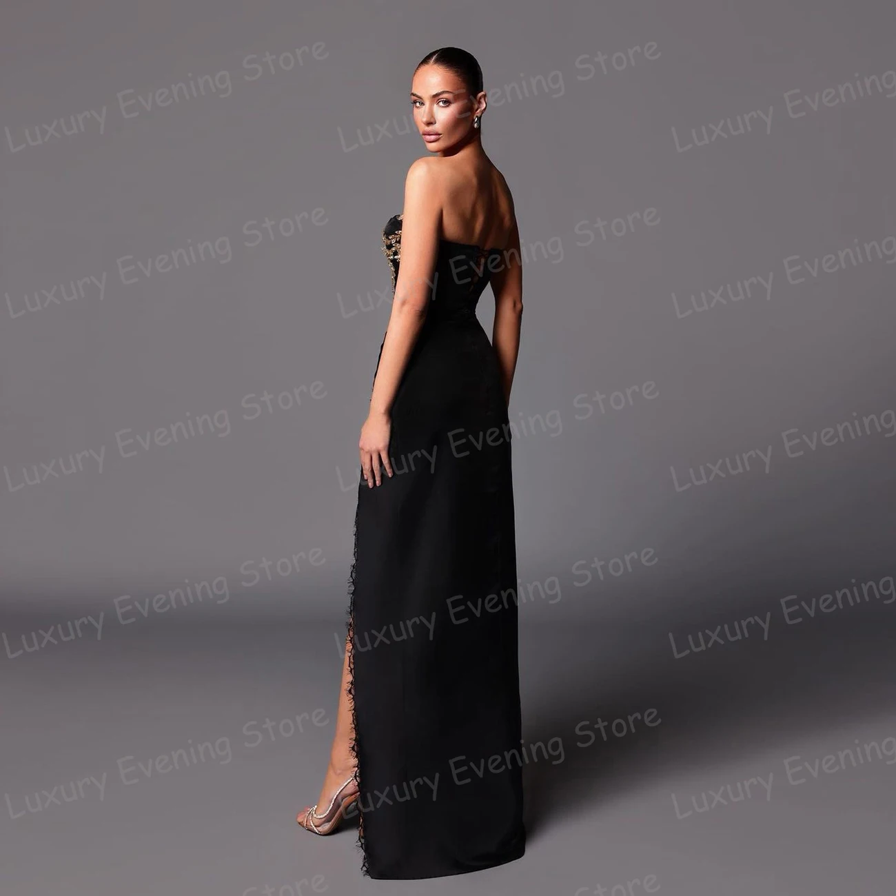 Vestidos femininos sem encosto com decote V alto divididos, simples apliques vestidos de sereia, vestidos formais de festa de baile, cetim sexy fashion, 2024