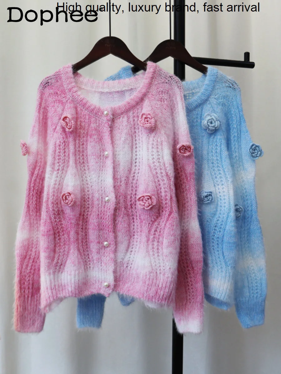 Tie-Dyed Knitted Gentle Cardigan for Women 2023 New Autumn Winter Clothes 3D Flowers Design Sweet Sweater Coat Jacket