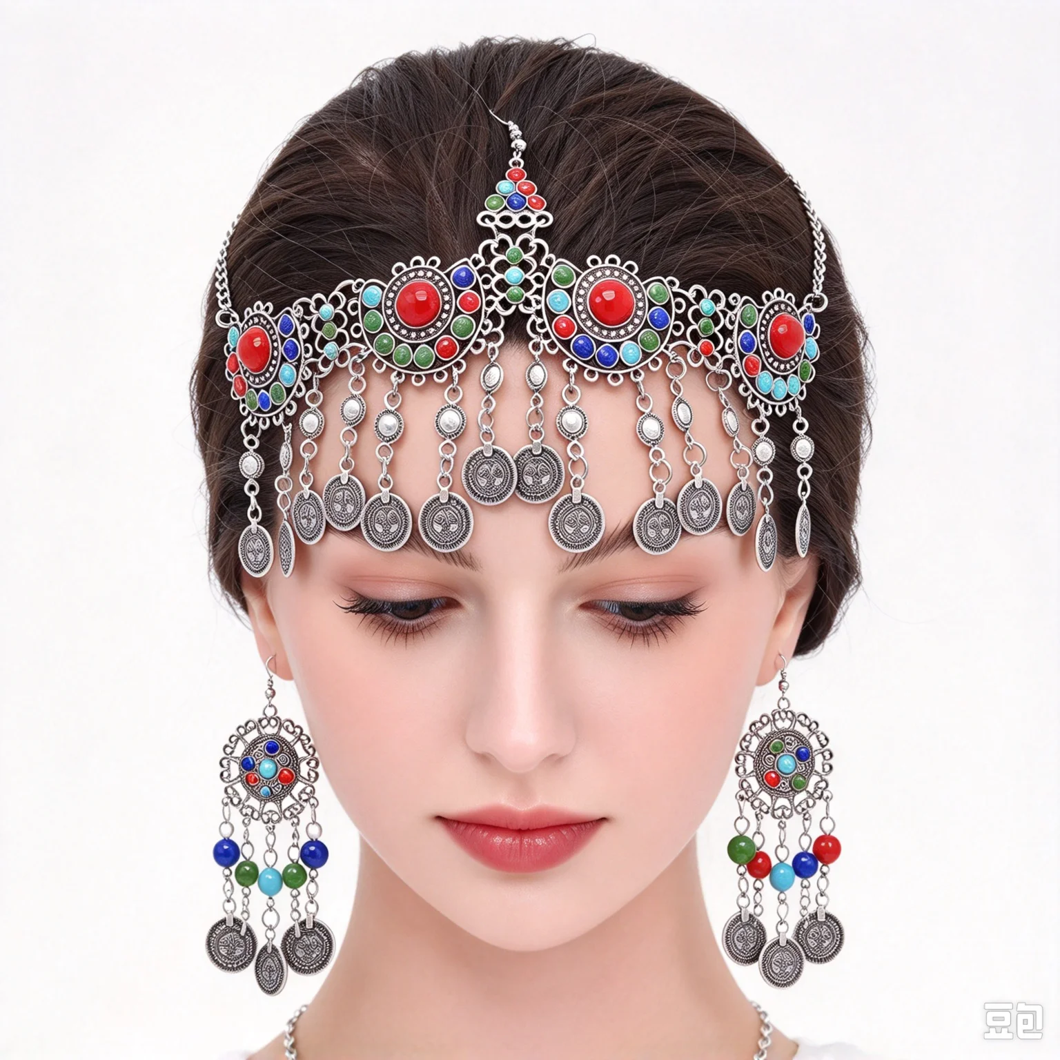 Colorful Beads Coin Tassel Belly Dance Head Chain Costume Gypsy Maang Tikka Costume Hairband Earrings Set