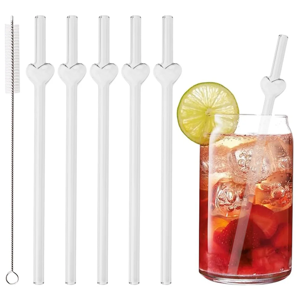 6Pcs Cute Heart Straw Pretty Reusable Glass Tube Dishwasher Safety Durable Straws For Smoothie Cocktail Juice Smoothie Drinks