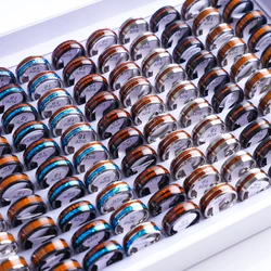 20Pcs/Lot Vintage Wood Grain Inlaid Pattern 8mm Stainless Steel Rings for Men Women Wedding Engagement Jewelry Mix Styles