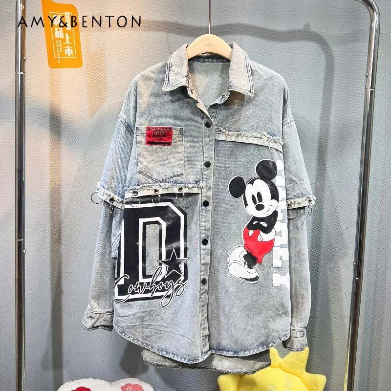 

European Style 2025 Autumn Kawaii Coat New Fashion Cartoon Medium And Long Versatile Loose Thin Splicing Denim Shirt Y2k Jacket