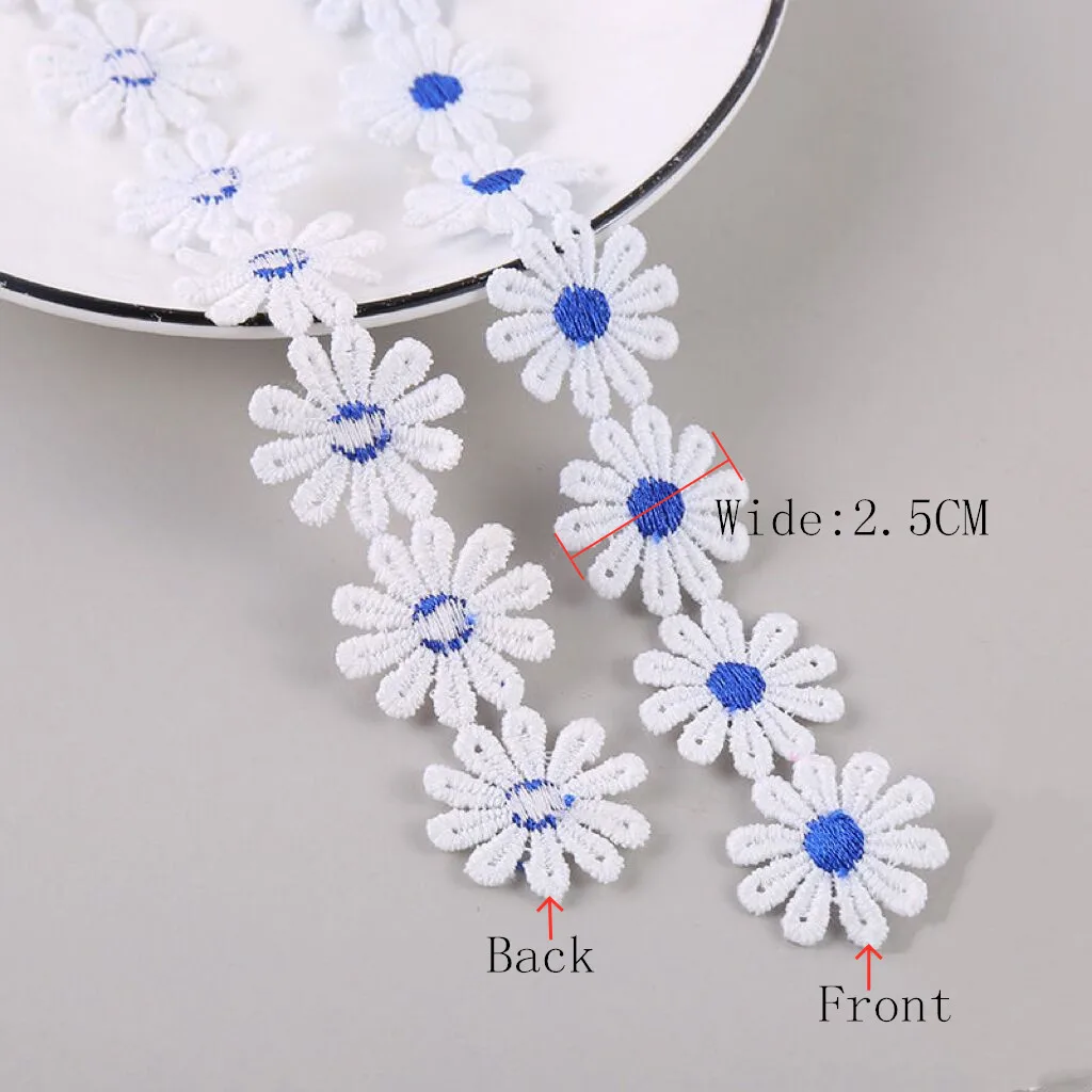 2.5CM Wide Beautiful White Embroidered Daisy Lace Fabric 3d Flowers Lace Ribbon Dress Collar Hats Headwear Sewing Trimming Decor