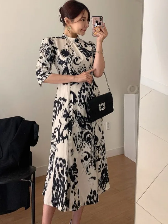 

Шикарное винтажное платье для ранней весны с воротником-стойкой, приталенное, с пышными рукавами, миди, с абстрактным принтом, женская модная одежда