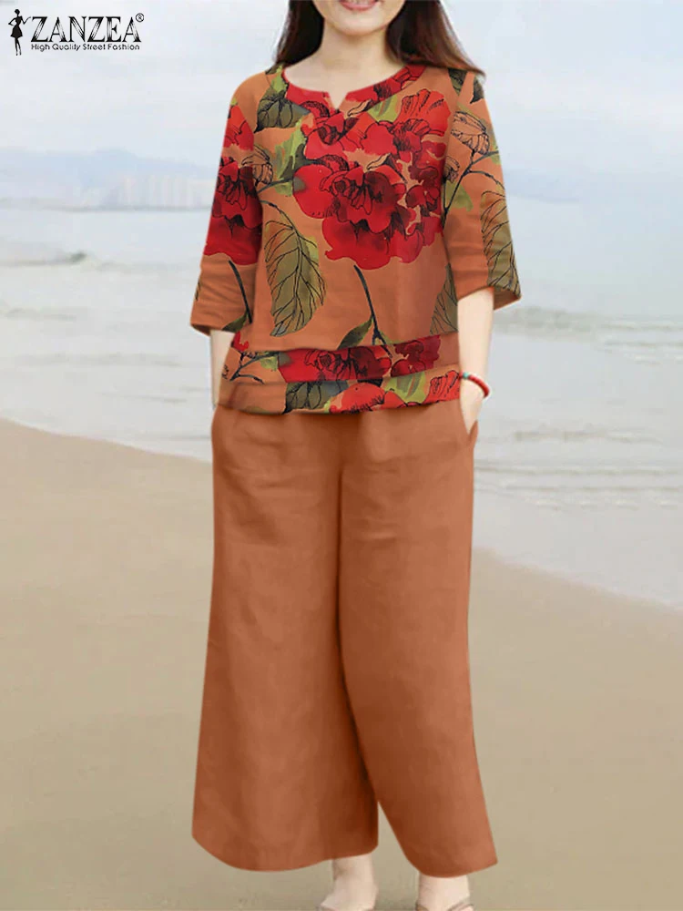 ZANZEA Floral Print Blouses Pant Sets Fall 2024 Top and Pant 2pcs Outfit Casual Holiday Solid Wide Leg Trouser Suits 2 Piece Set