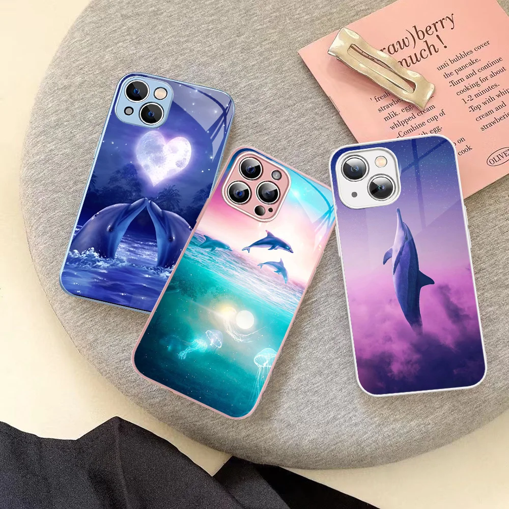

Dolphin Cute Phone Case Tempered Glass For iphone 14 13 12 11 Pro Mini XS MAX 14Plus X XS XR Cover