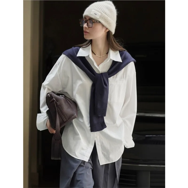 

Johnature Spring Autumn New Korean-style Knitted Shawl Two-piece Set Shirts Casual Simple Loose White Women Tops