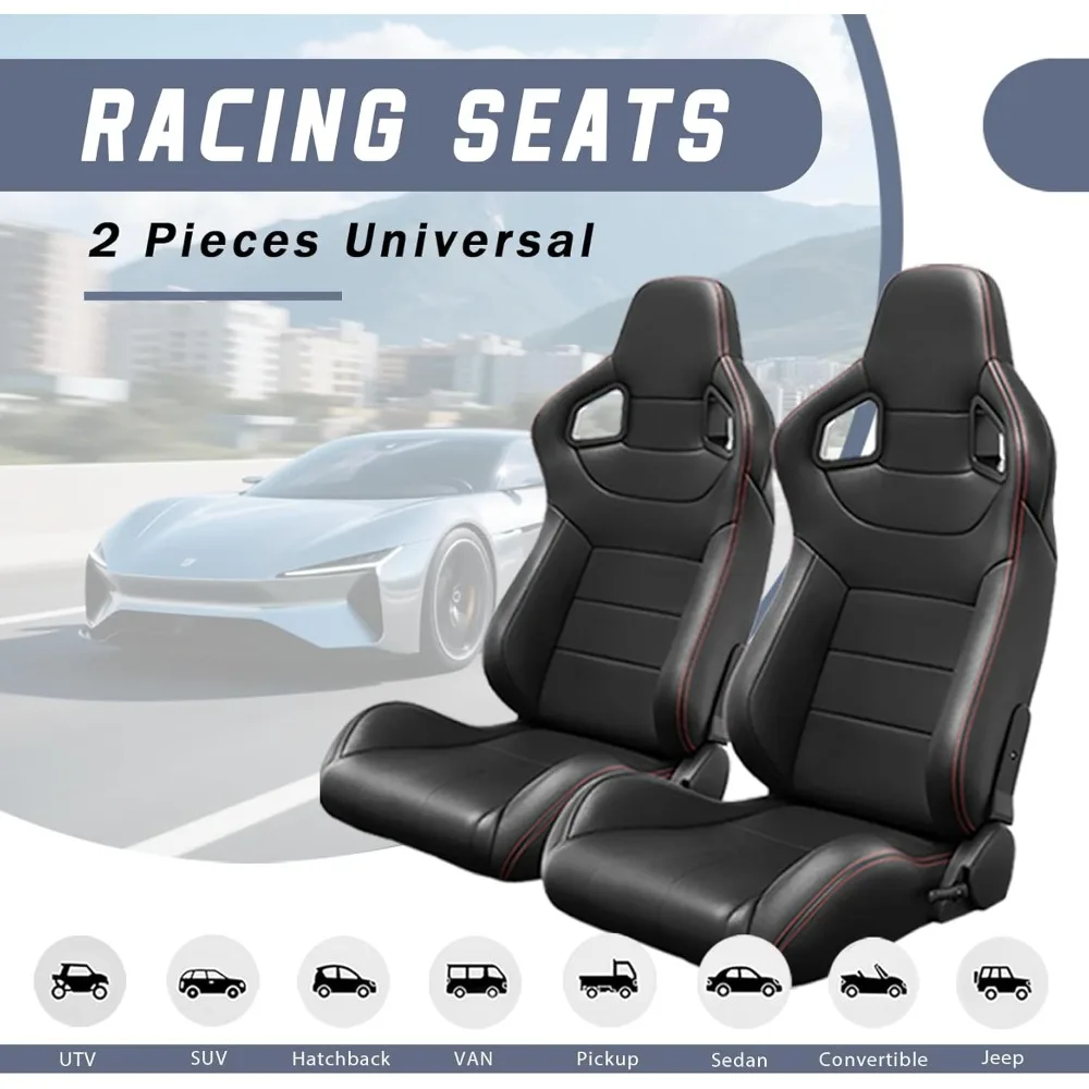 قطعتان من مقاعد السباق العالمية مع مزلقات بقفل مزدوج، زوج واحد من مقاعد الدلو المصنوعة من الجلد PVC للسيارات (أسود) #2