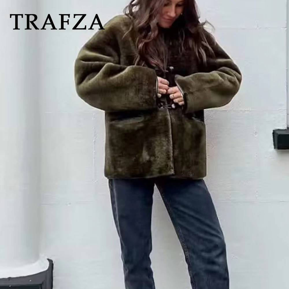 TRAFZA 2023 Autumn Winter Lambhair Women Vintage Green Coats Loose Fit O-Neck Coats Single Breasted Elegant Fashion Women Coats