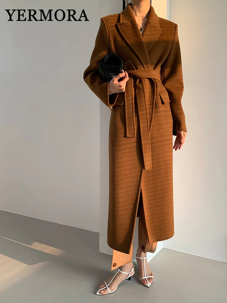 YERMORA Brown Thick Casual Reversible Woolen Coat For Women Lapel Long Sleeve Fashion Tide Belted Overcoat Autumn Winter 2024