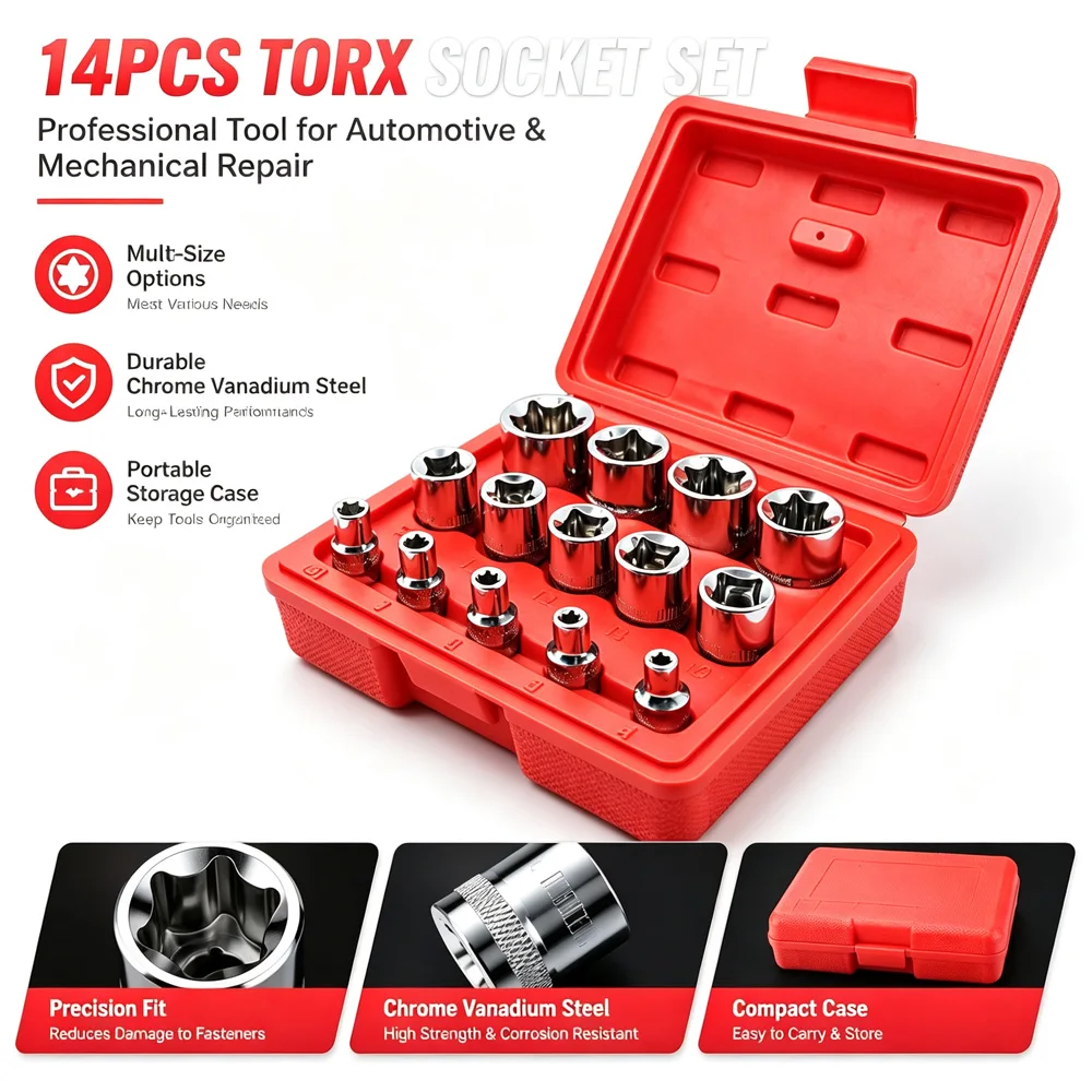 14-piece set of E4-E24 star-shaped socket set hand tools is suitable for automotive repair and disassembly with tool box storage