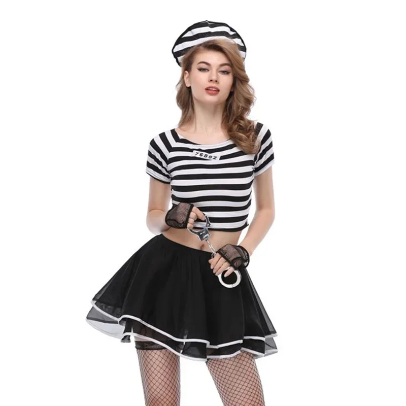 

Sexy Black Striped Prisoners Cosplay Costume T Shirt Skirt Set Girls Women Halloween Game Stage Bar Police Costumes