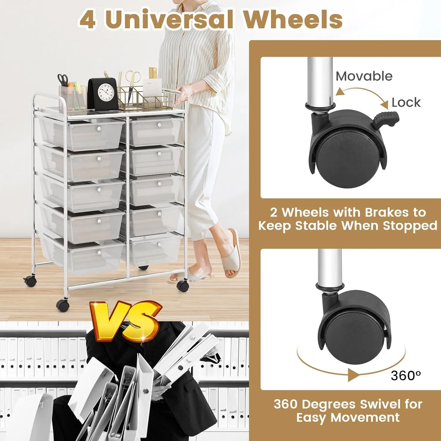 10-Drawer Rolling Storage Cart, Storage Organizer Cart with Lockable Wheels, Beauty Salon Movable Utility Cart for School, Offic