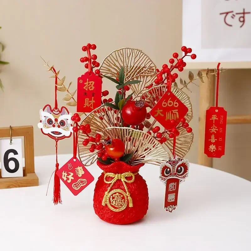 Simulation Red Fortune Fruit Bless Bag Resin Vase Decoration Home Store Cafe Table Ornaments Crafts Wedding Opening Furnishing