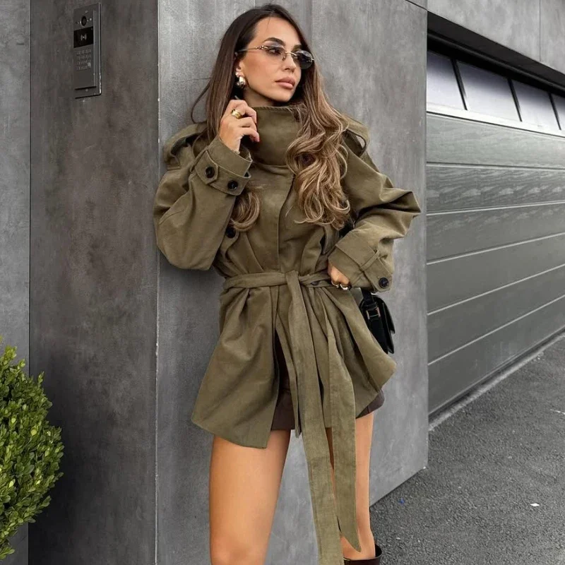 

Leisure Solid Trench Coat Women Fashion Stand Collar Belt Single-Breasted Coat Pocket Long Sleeves Splicing Jacket New