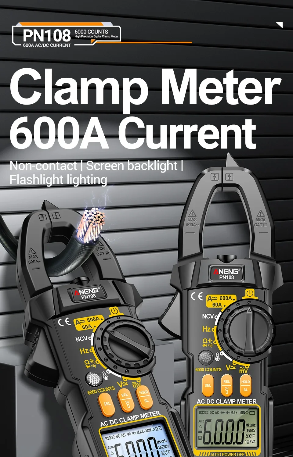 Zangenmessgerät Multimeter 6000 Zählt AC/DC Spannungsprüfer ANENG PN108 600 A Strom Widerstand Kapazität Hochpräzises Testwerkzeug – Detail 1