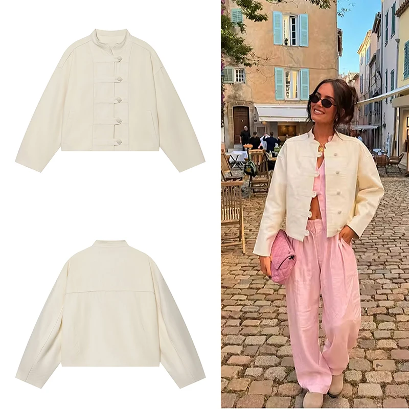 Guobioziy 2026 Women's New Chinese-Style Frog Button Jacket, Loose Stand Collar, Beige Short Coat, Everyday Commuter Wear