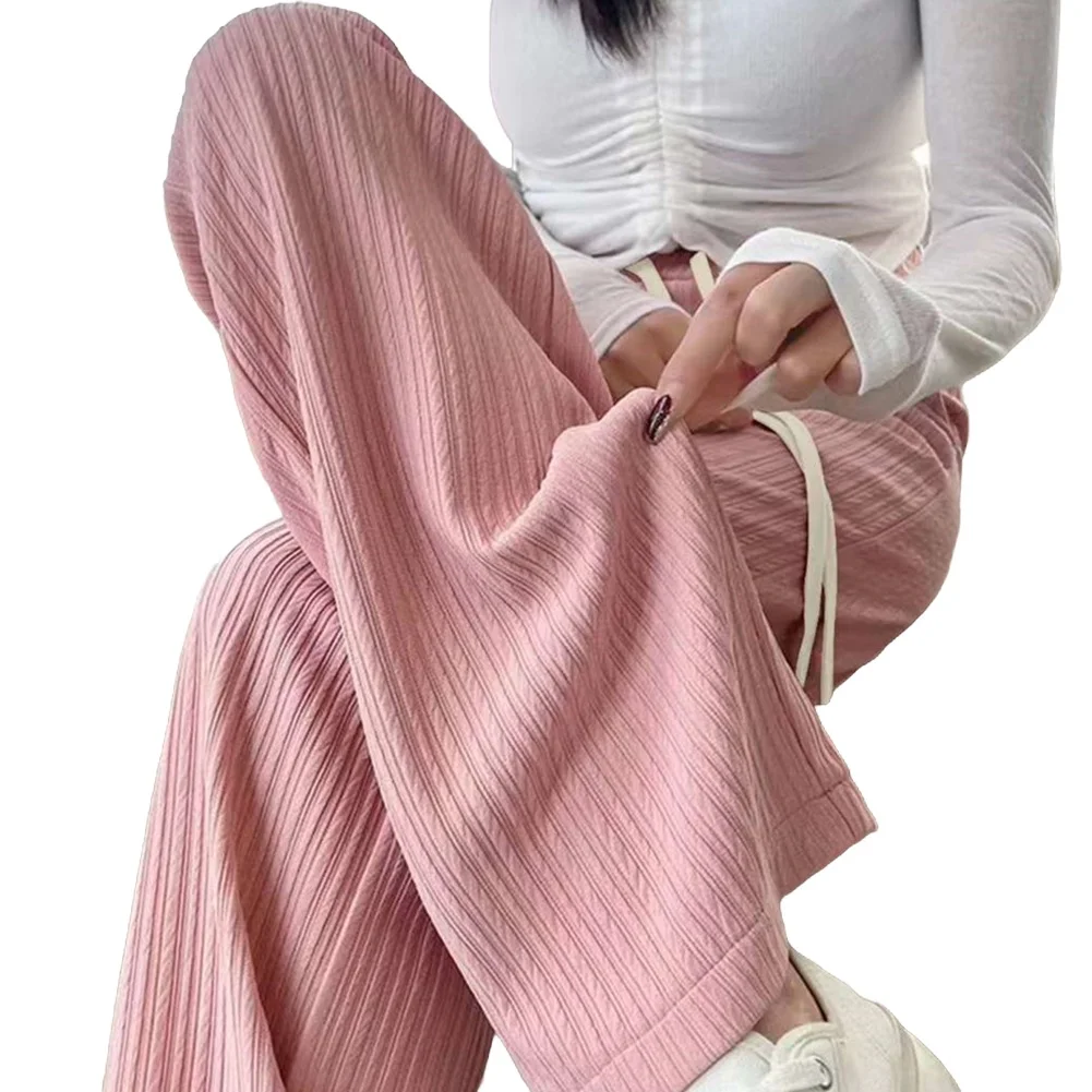 Women Solid Color Wide Leg Pants Elastic Waist Drawstring Long Trousers Casual Basic Sportswear For Daily Vacation Holiday